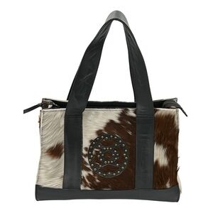 Cowhide Tote Bag with Studded Medallion - Black & Brown